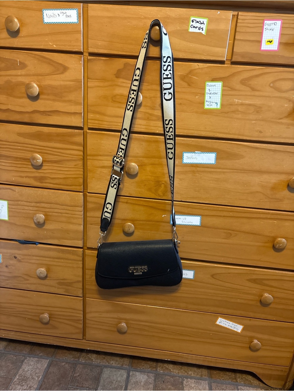 GUESS Black Crossbody with Branded White Strap
